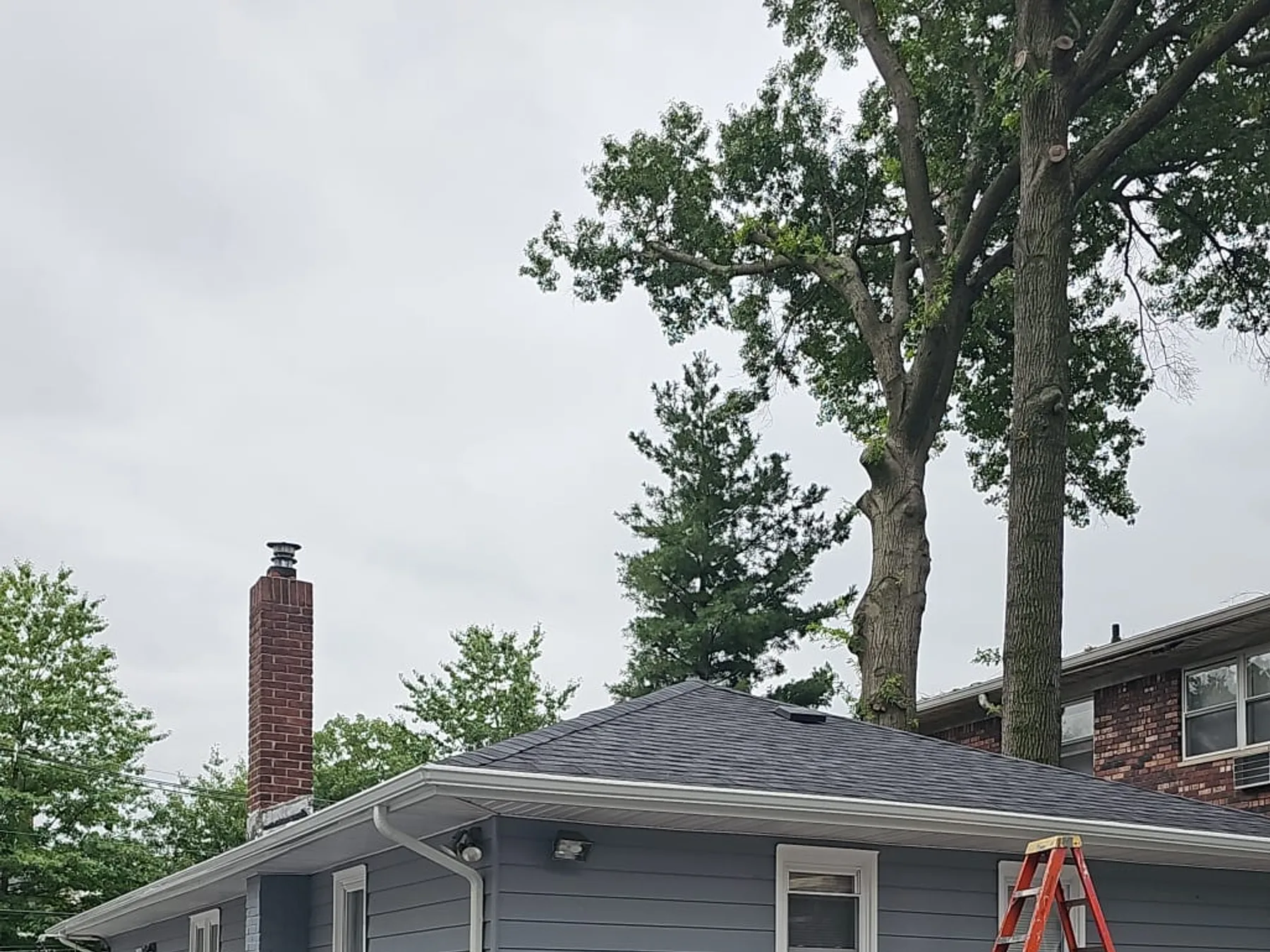 Gutter installation in progress on a home exterior with technician on ladder